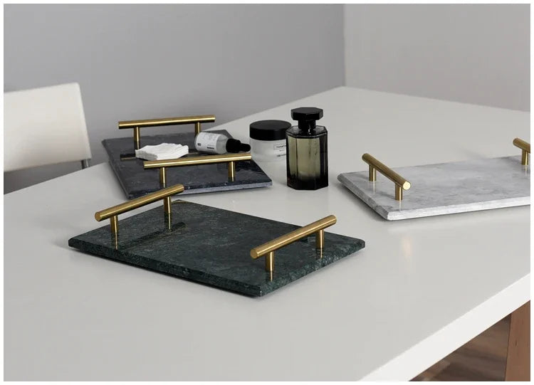 Nordic Home Decor Light Luxury Natural Marble Jewelry Storage Tray with Gold Handle Trinket Ring Plate Wedding Gift