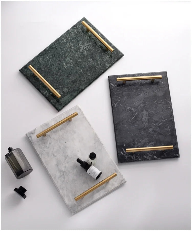 Nordic Home Decor Light Luxury Natural Marble Jewelry Storage Tray with Gold Handle Trinket Ring Plate Wedding Gift