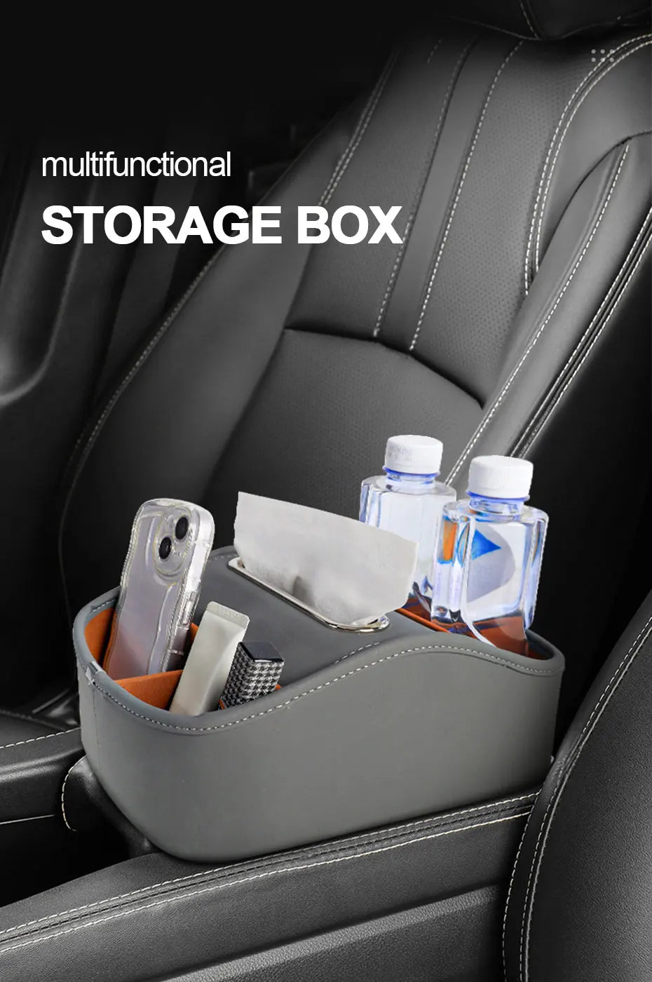 SEAMETAL Car Armrest Box Universal Center Console Organizer Multi-Functional Pu Leather Auto Arm Rest Storage Box Tissue Holder