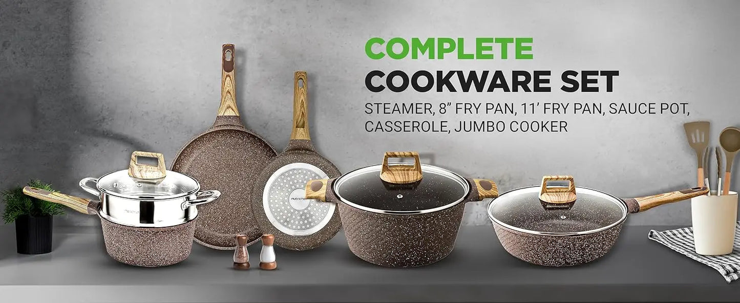 Nutrichef 22-Piece Maroon Marble Non-Stick Cookware Bakeware Set Professional Home Kitchen Collection with Multi-Sized Pot Pans