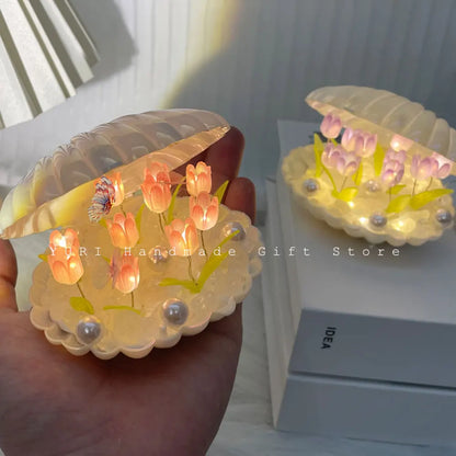 9 Flowers Shell Tulip Night Lamp Handmade Diy Home Decor Bedroom Atmosphere Light Girl Mother Girlfriend Valentine's Day