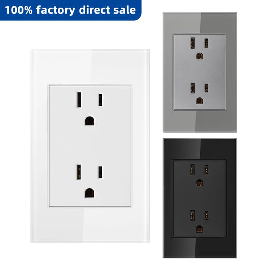 VISWE US Standard Electrical Plug, 118mm*72mm Tempered Glass Panel, American Power Outlet 15A Wall Socket