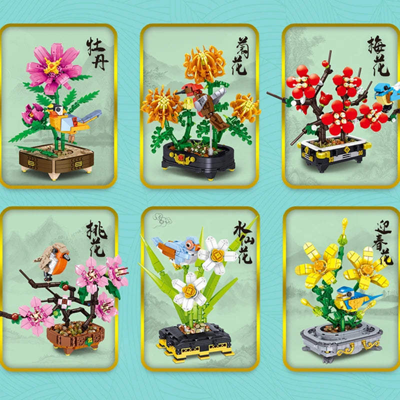 Peach Blossom Romantic Flower Vase Garden Birds Potted Plants Assembly MOC Building Blocks Classic Model Bricks Sets Kids Gifts