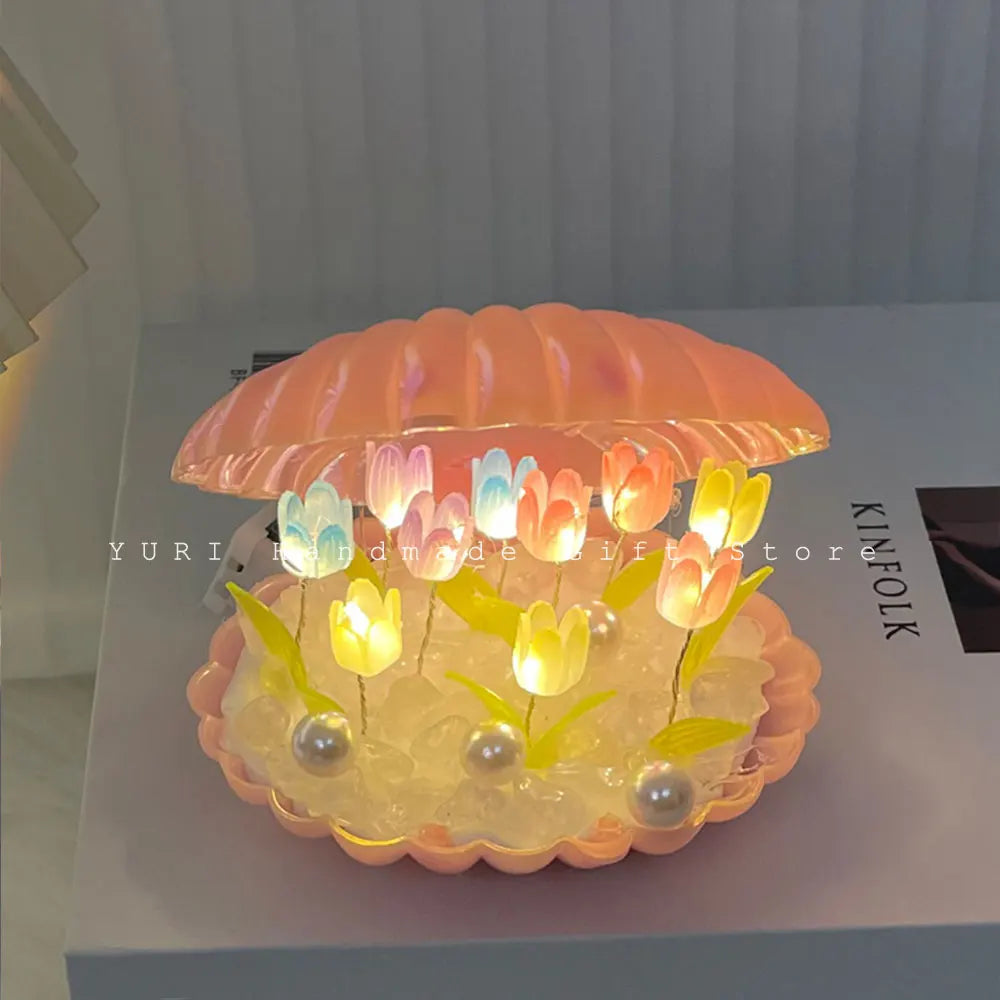 9 Flowers Shell Tulip Night Lamp Handmade Diy Home Decor Bedroom Atmosphere Light Girl Mother Girlfriend Valentine's Day
