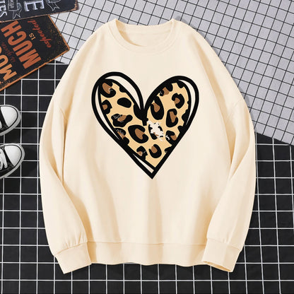 Sweat-shirt d'hiver Harajuku pour femme, imprimé léopard incomplet, imprimé cœur, sweat à capuche, chaud, col ras du cou, polaire confortable