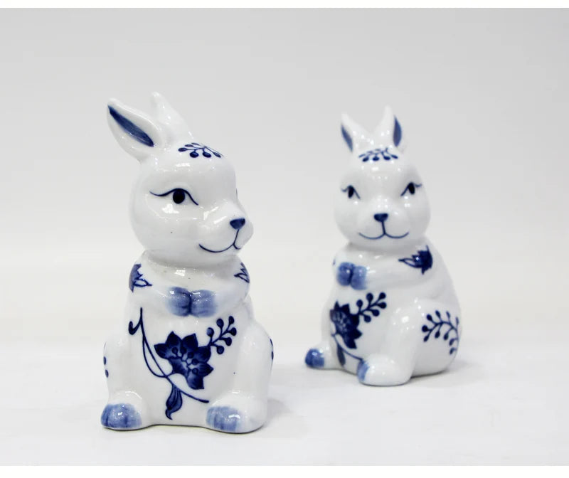 Blue and White Porcelain Rabbit Sculpture Decoration Cute Animal Ceramic Crafts Office Room Ornament
