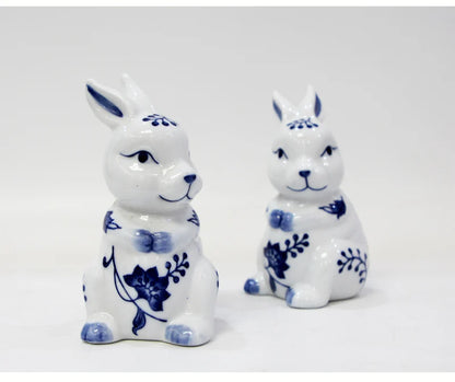Blue and White Porcelain Rabbit Sculpture Decoration Cute Animal Ceramic Crafts Office Room Ornament