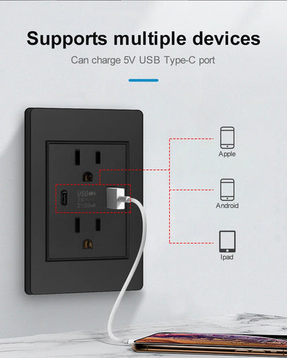 US Standard Wall Socket with USB Type-C Charging Port 5V 2.1A, 118*72mm PC Panel