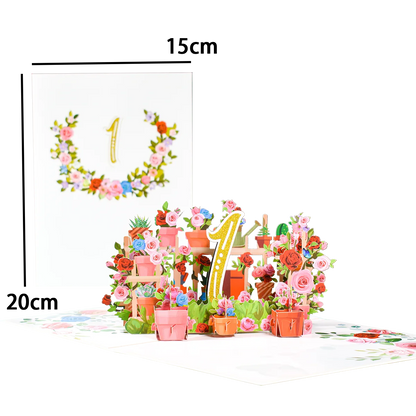 Tarjeta de aniversario emergente con números 1, 10, 28, 21 y 30 en 3D para cumpleaños, bodas