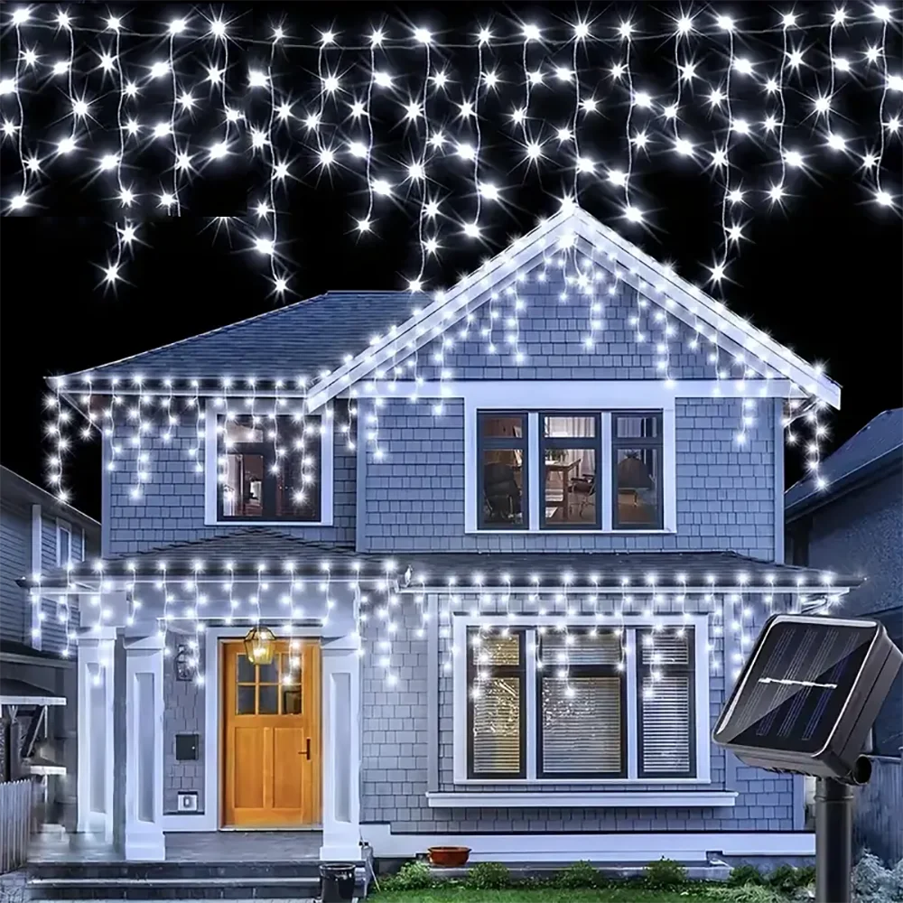 Outdoor Eaves Decoration 7.5M 160Leds Solar lcicle string Lights 8 Lighting Modes Christmas Halloween Party Holiday Lights