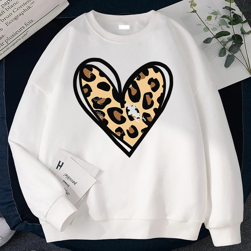 Sweat-shirt d'hiver Harajuku pour femme, imprimé léopard incomplet, imprimé cœur, sweat à capuche, chaud, col ras du cou, polaire confortable