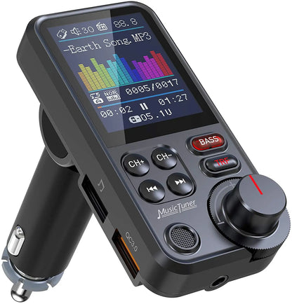 Transmetteur FM Bluetooth sans fil pour voiture de 1,8 pouces, prise en charge auxiliaire, chargement QC3.0, son aigu et grave, lecteur de musique