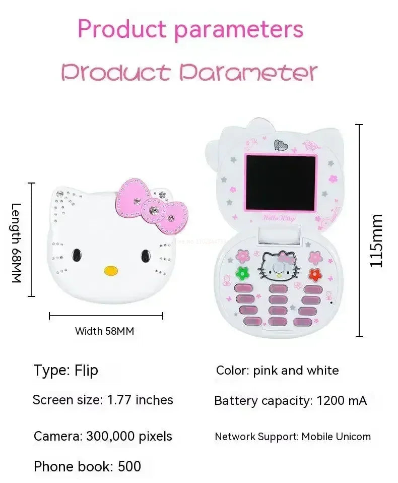 Sanrio Hello Kitty Flip Phone New Cartoon Cute Children White Pink Kawaii Mini Phone Children Birthday Gifts Fashion Model Toys
