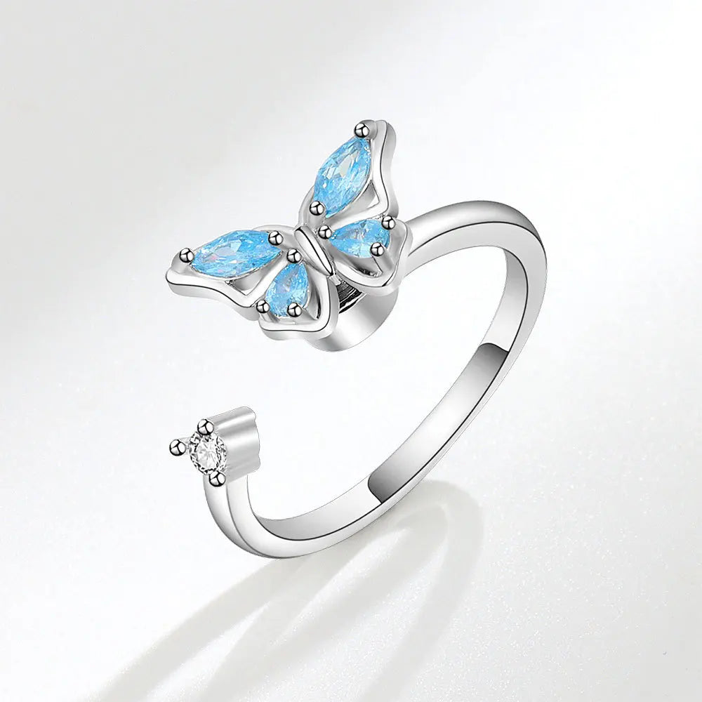 Blue Fidget Spinner Ring Anxiety for Women Multiple Crystal Flower Butterfly Animal Ring Rotate To Anti Stress for Wedding Party