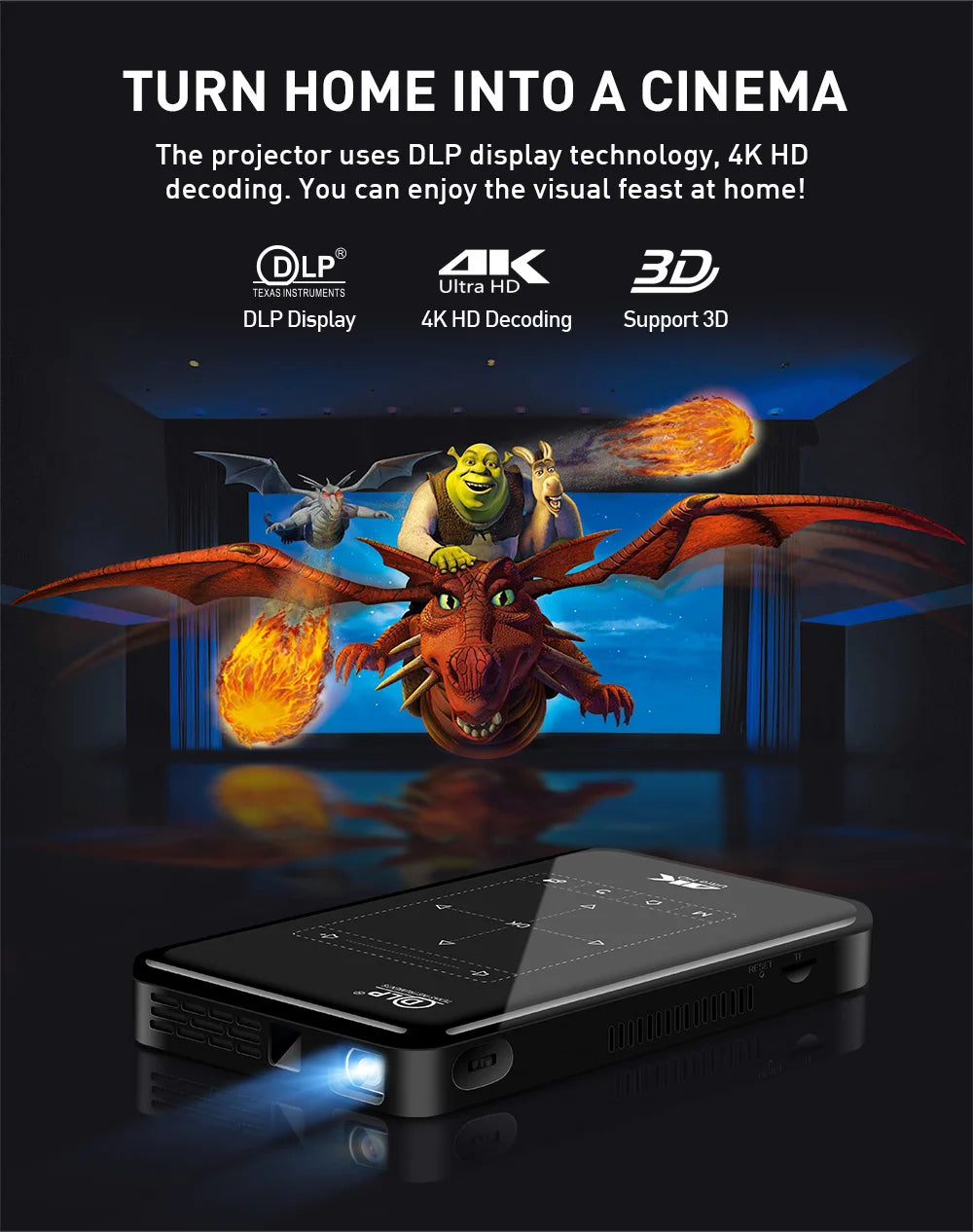 Portable mini projector android 9 1G 8G HD-MI input 3D 4K movie projector P09-II with mirroring DLP projector
