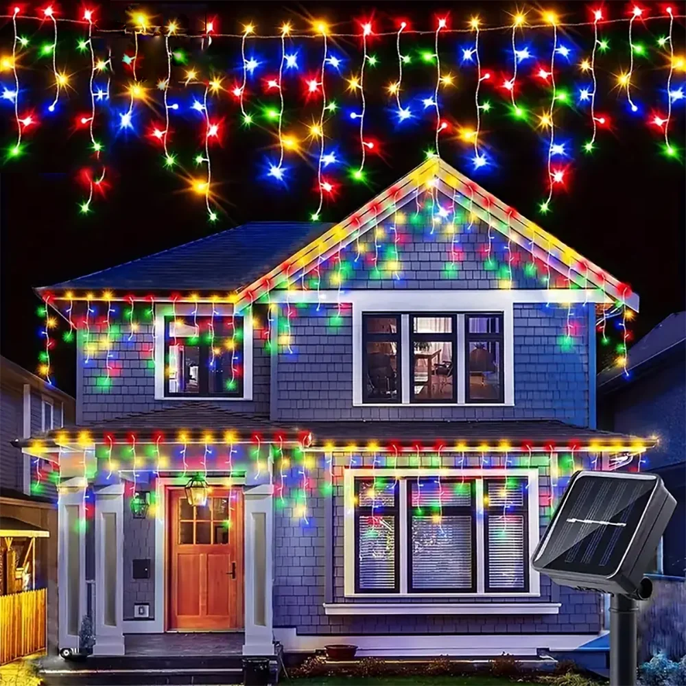 Outdoor Eaves Decoration 7.5M 160Leds Solar lcicle string Lights 8 Lighting Modes Christmas Halloween Party Holiday Lights