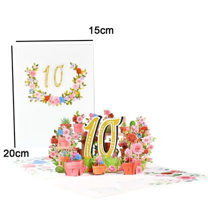 Tarjeta de aniversario emergente con números 1, 10, 28, 21 y 30 en 3D para cumpleaños, bodas