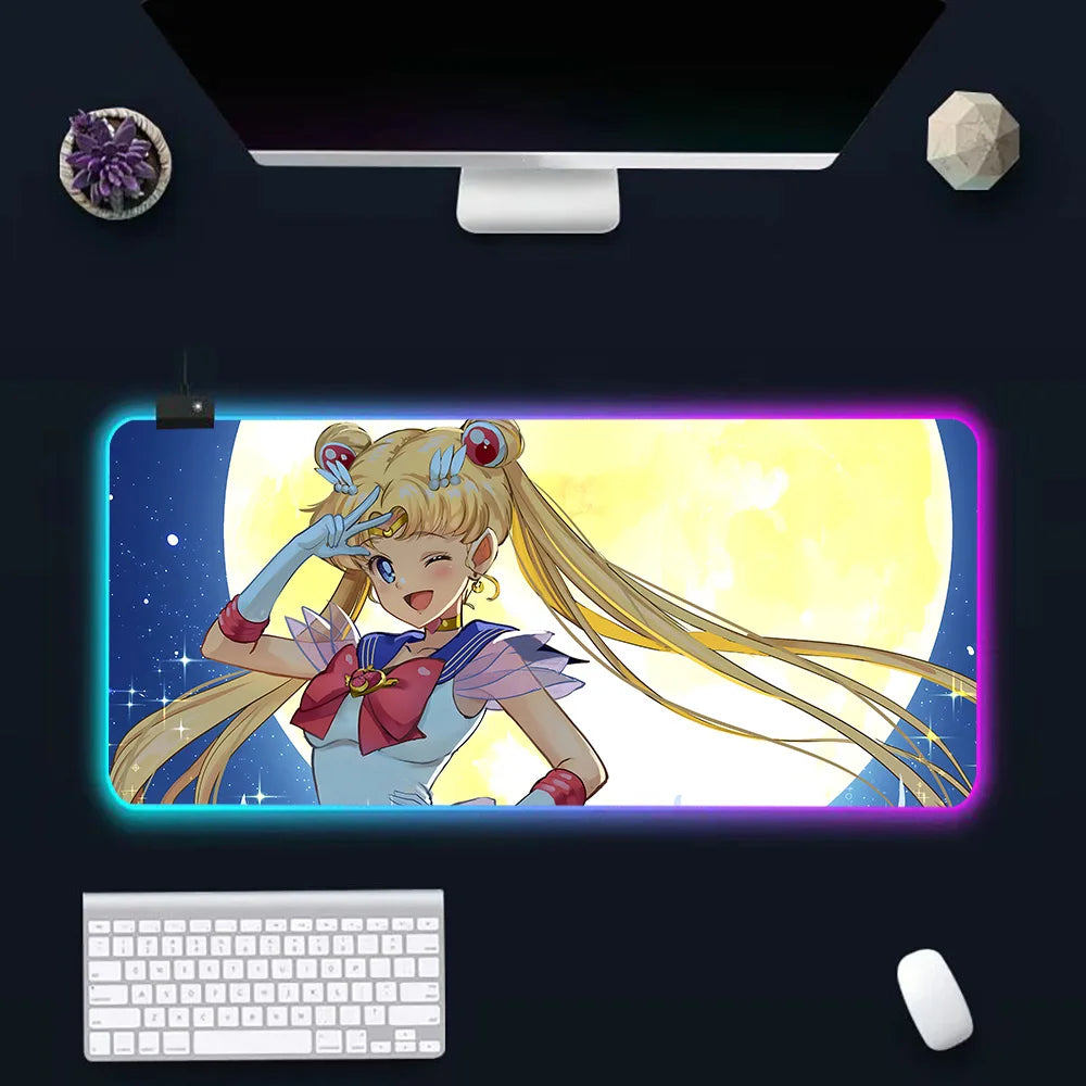 Pink Girl Cartoon Sailors Moons RGB Pc Gamer Keyboard Mouse Pad Mousepad LED Glowing Mouse Mats Rubber Gaming Computer Mausepad