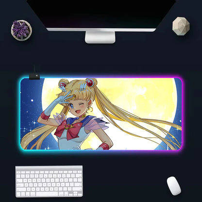 Pink Girl Cartoon Sailors Moons RGB Pc Gamer Keyboard Mouse Pad Mousepad LED Glowing Mouse Mats Rubber Gaming Computer Mausepad