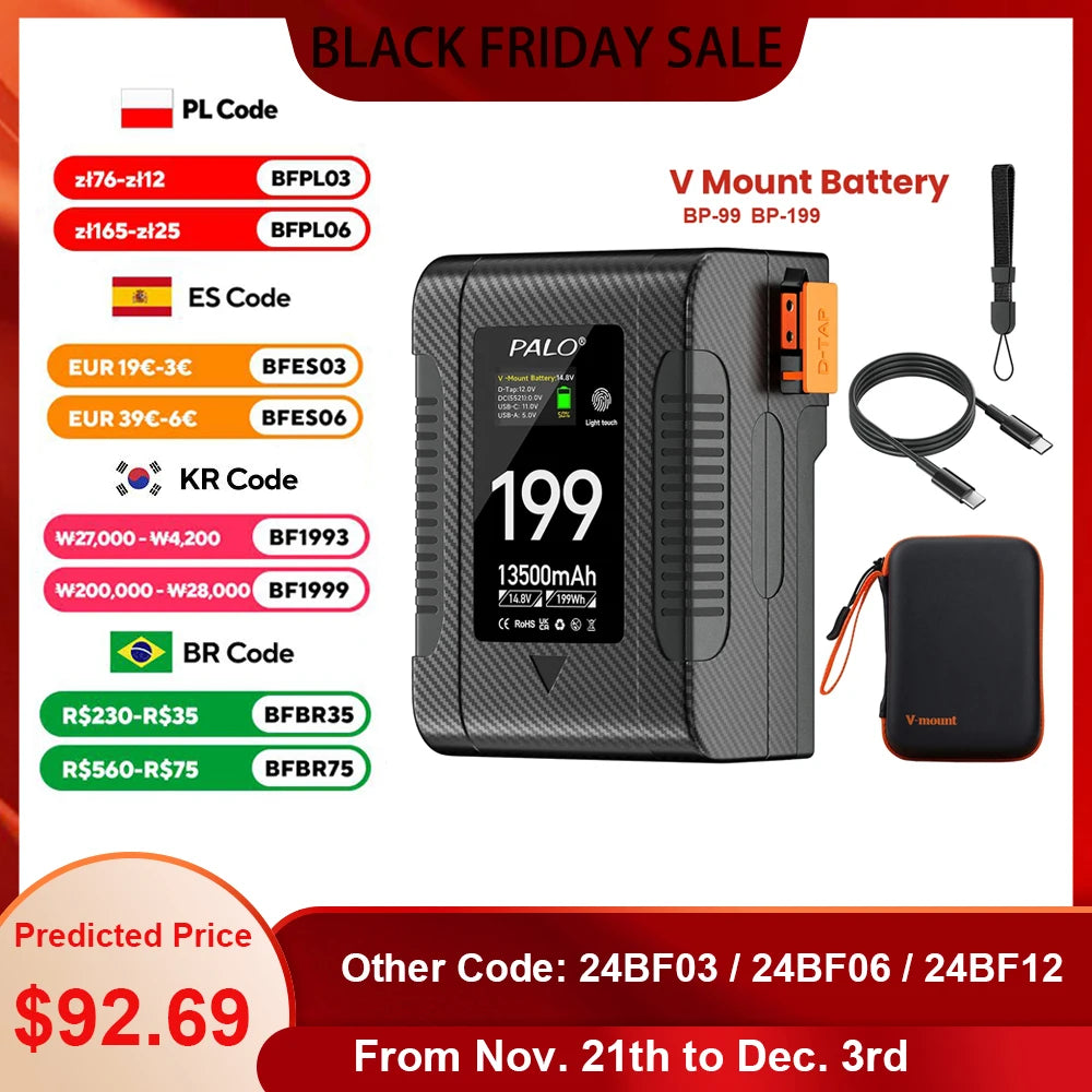 PALO BP-99 BP-199 V Mount Battery Power Bank 14.8V V Lock V Shape Li-ion Battery PD Fast Charging for cameras smartphones laptop