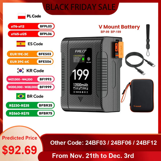 PALO BP-99 BP-199 V Mount Battery Power Bank 14.8V V Lock V Shape Li-ion Battery PD Fast Charging for cameras smartphones laptop
