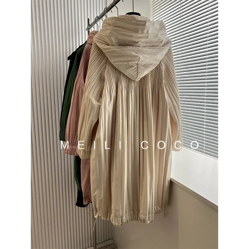 ALSEY Miyake Pleated Solid Collar Hooded Fashion Women's Jacket 2024 Autumn Winter New Long-sleeved Slim Lengthened Windbreaker