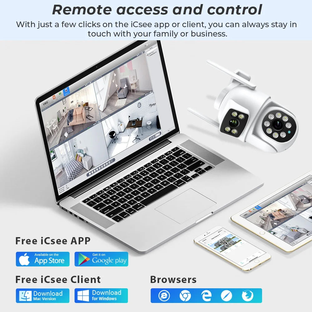 Cámara BESDER 4K 8MP Wifi PTZ para exteriores con pantallas duales, detección humana, lentes duales, protección de seguridad de 4MP, cámara IP, audio, aplicación iCSee