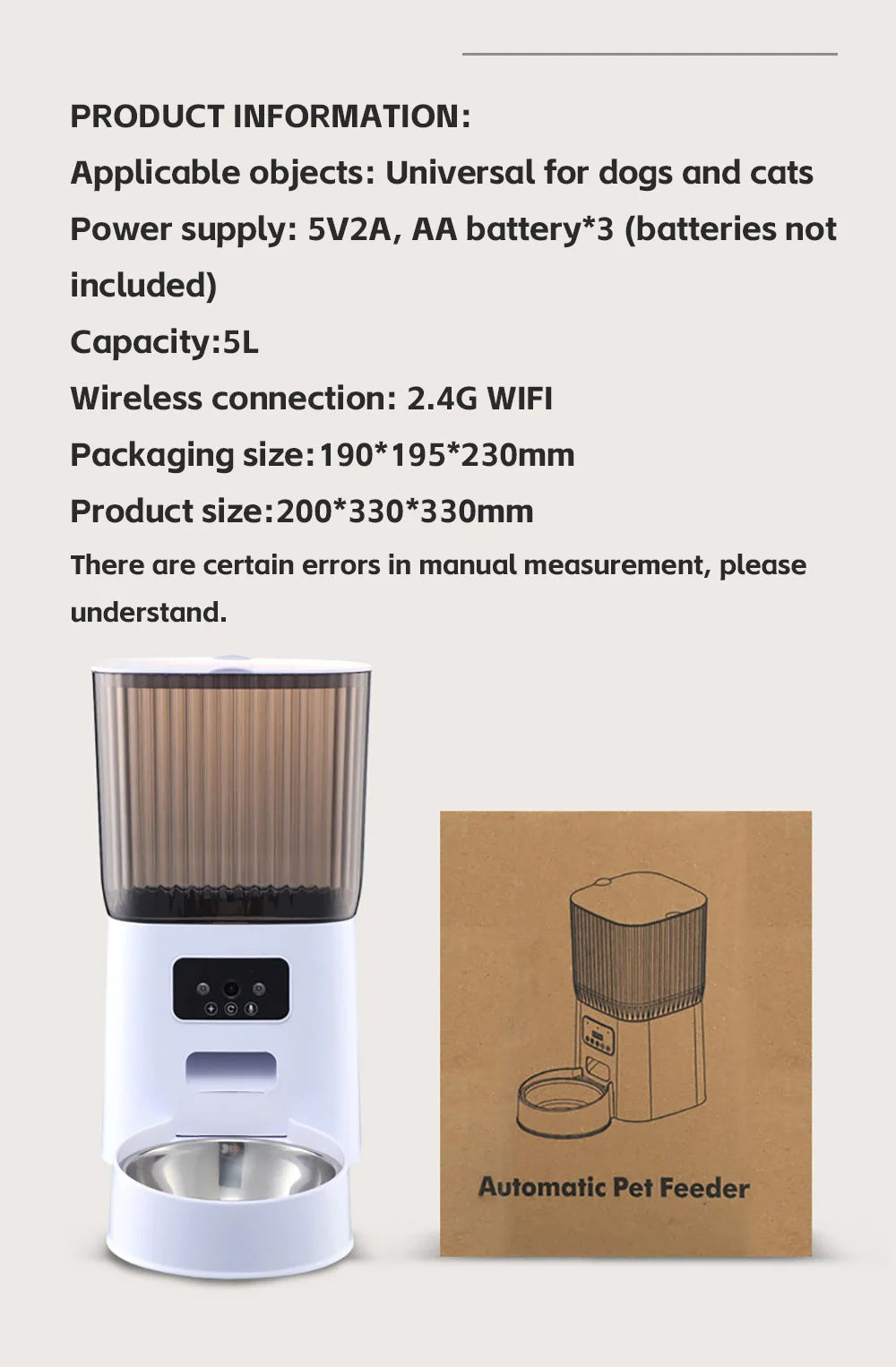 5L Pet Feeder with Camera Automatic Cat Feeder Smart Dog Food Dispenser WiFi Timing Stainless Steel Feeding Bowl（No 5V 2A Plug）