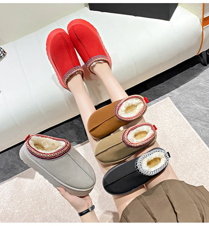 2024 Winter New Snow Boots for Women Cashmere Warm Thick Soles Without Heel-covered Hair Half Slipper Cotton Shoes for Women