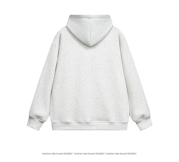 Vintage American Style Men's Creative Cool Dog Print Loose Fit Grey Fleece Lined Hooded Sweatshirt Couple Model Casual Wear