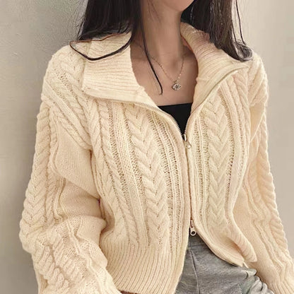 Twists Knit Short Coat Long Sleeve Zipper Sweater Casual Women Cardigan Vintage Winter Korean Chic Elegant 2024 Lady Trend Top