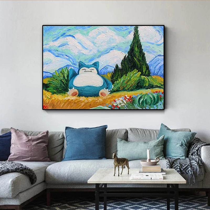 Pokemon Snorlax Van Gogh Print Wall Art Canvas Painting Poster Nursery Pokemon Snorlax Oil Picture Modern Living Room Decor
