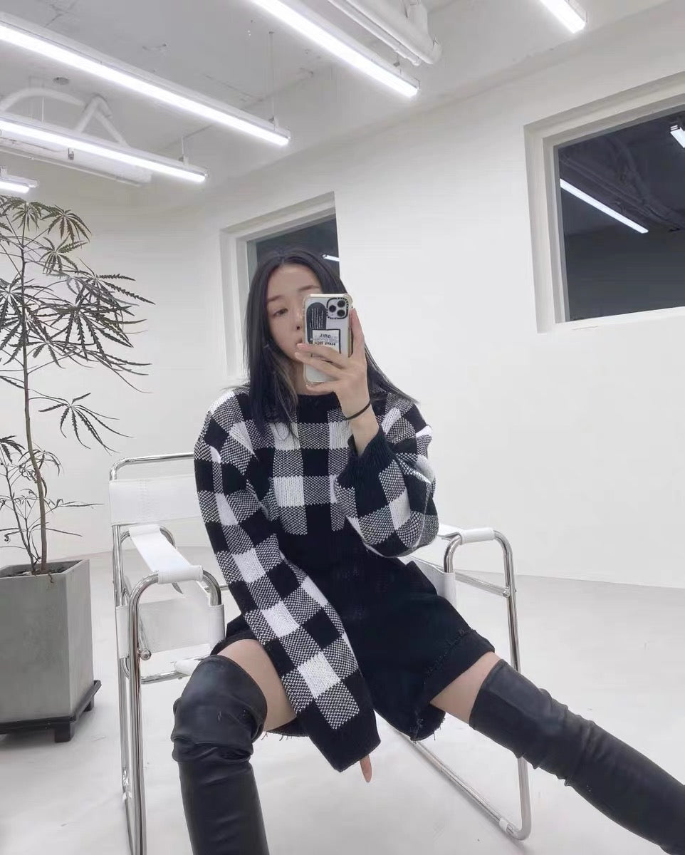 Pullovers Women Checkerboard Crop Knit Sweater Long Sleeve Crew Neck Box-fit Plaid Jumper Outfit