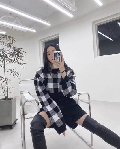 Pullovers Women Checkerboard Crop Knit Sweater Long Sleeve Crew Neck Box-fit Plaid Jumper Outfit