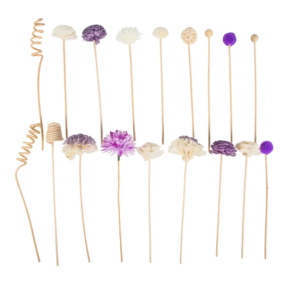 19 varillas de repuesto para difusor de aceite de ratán, hechas a mano, con flores de imitación moradas