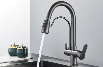 Grifo de cocina con filtro negro extraíble con rotación de 360 ​​grados y grifo mezclador de fregadero de tres vías