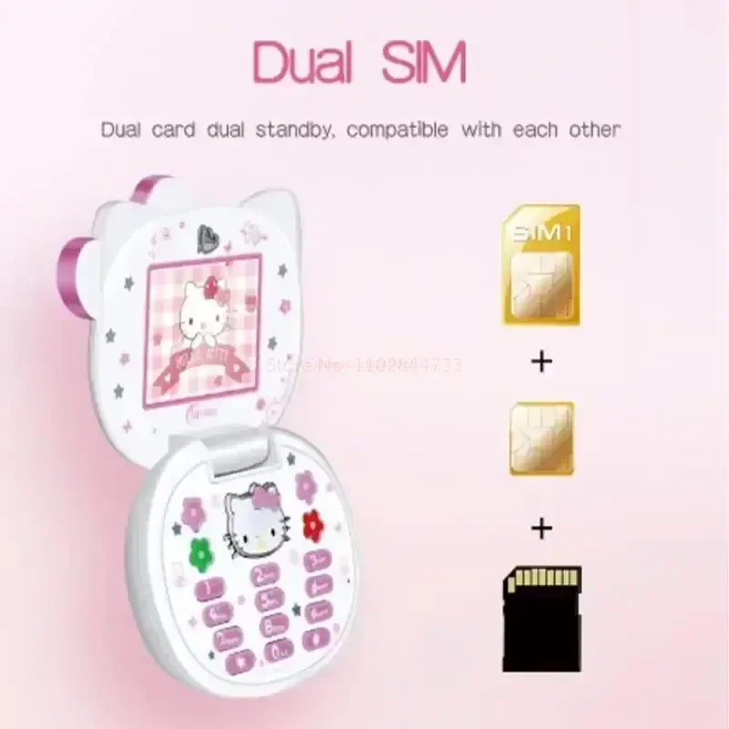 Sanrio Hello Kitty Flip Phone New Cartoon Cute Children White Pink Kawaii Mini Phone Children Birthday Gifts Fashion Model Toys