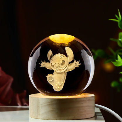 6cm 3d Crystal Ball Led Night Stitch Pikachu Doraemon A Dream Hellokitty Desktop Decoration Lamp Laser Carving Children Gifts