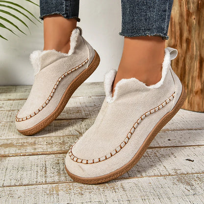 2024 New Hot Sale Suede Leather Ankle Boots Women Round Toe Thicken Fuzzy Snow Boots Comfortable Flat Anti-Slip Booties Mujer