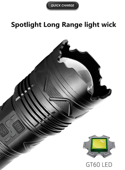 Powerful GT60 LED Flashlight Super Bright Long Range Torch Rechargeable Most Powerful Outdoor Tactical Hand Lamp Camping Lantern