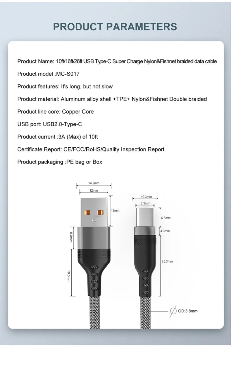 Usb C Super Fast Charge Cable for Huawei 8M 5M 3M 2M 1M 6A Usb Type-C Equipment Cable for Samsung Xiaomi Oppo Oneplus Vr Camera
