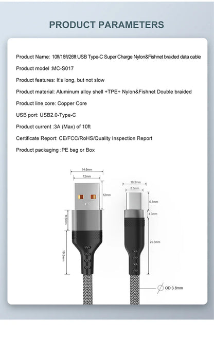 Usb C Super Fast Charge Cable for Huawei 8M 5M 3M 2M 1M 6A Usb Type-C Equipment Cable for Samsung Xiaomi Oppo Oneplus Vr Camera