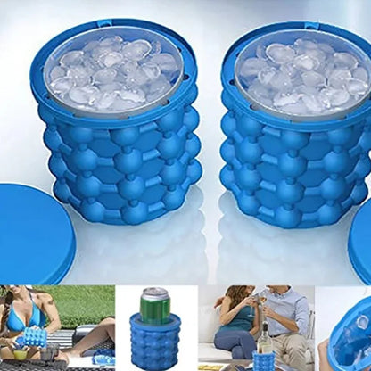 Portable 2 in 1 Large Silicone Ice Bucket Mold with Lid Space Saving Cube Maker Tools for Kitchen Party Barware