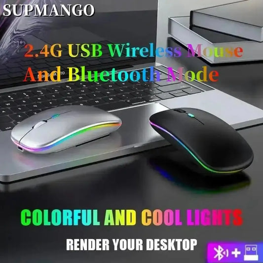 Ratón inalámbrico recargable silencioso con retroiluminación LED para ordenador portátil, receptor de 2,4 GHz, Bluetooth, modo dual, óptico