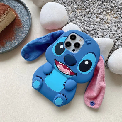 Stitch 3D Silicone Cartoon Phone Case for IPhone 14 13 12 11 15 Pro Max Fluffy Fur Plush Ear Sleeves Gift for Girls and Boys