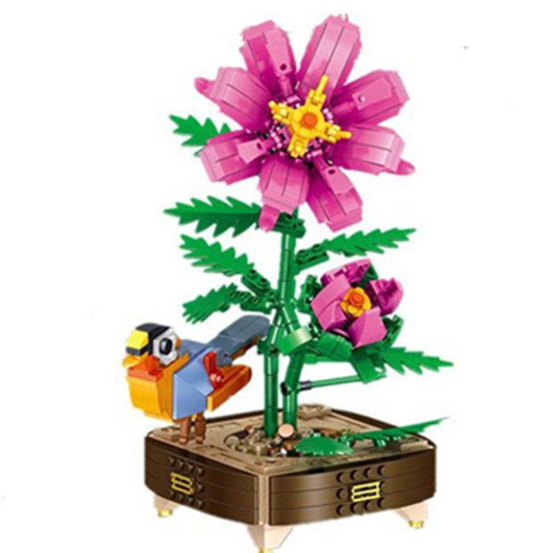 Peach Blossom Romantic Flower Vase Garden Birds Potted Plants Assembly MOC Building Blocks Classic Model Bricks Sets Kids Gifts