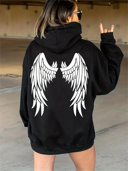 Sweat à capuche à poche kangourou imprimé ailes, sweat-shirt à manches longues, vêtements décontractés pour femmes