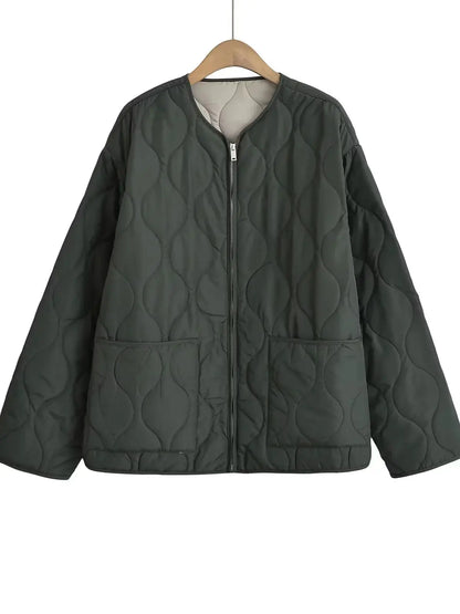 XNWMNZ 2024 Chaqueta acolchada de moda para mujer Otoño/Invierno Chaqueta acolchada retro con cuello redondo y manga larga con cremallera Abrigo acolchado versátil para mujer