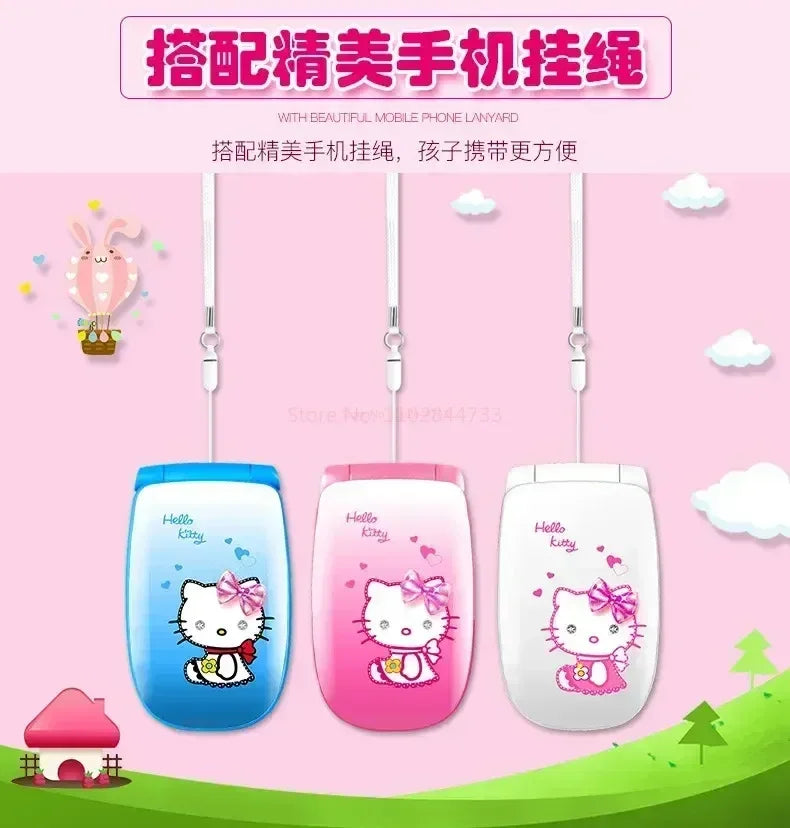 Sanrio Hello Kitty Flip Phone New Cartoon Cute Children White Pink Kawaii Mini Phone Children Birthday Gifts Fashion Model Toys