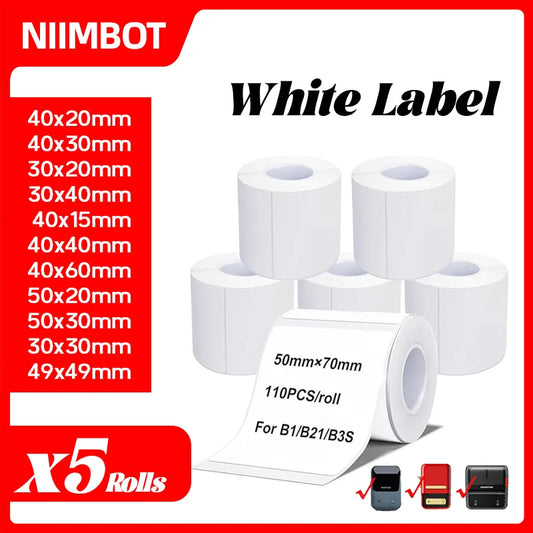 5 Rolls 30-50mm Thermal label Paper Rolls White Color Waterproof for Niimbot B1 B21 B203 B3S Label Printer Barcode Name Printing